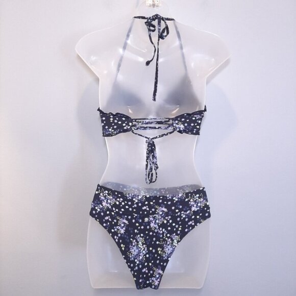 LA VIE EN ROSE Ditsy Splash 2pc Bikini Swimsuit Ruffled Underwire Halter Lace Up - Picture 11 of 16